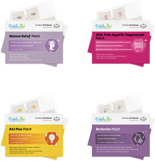 Four colorful product packaging designs for health patches are displayed, featuring labels for Nausea Relief, Slim Trim Appetite Suppressant, B12 Plus, and Berberine, each highlighting key benefits and ingredients.