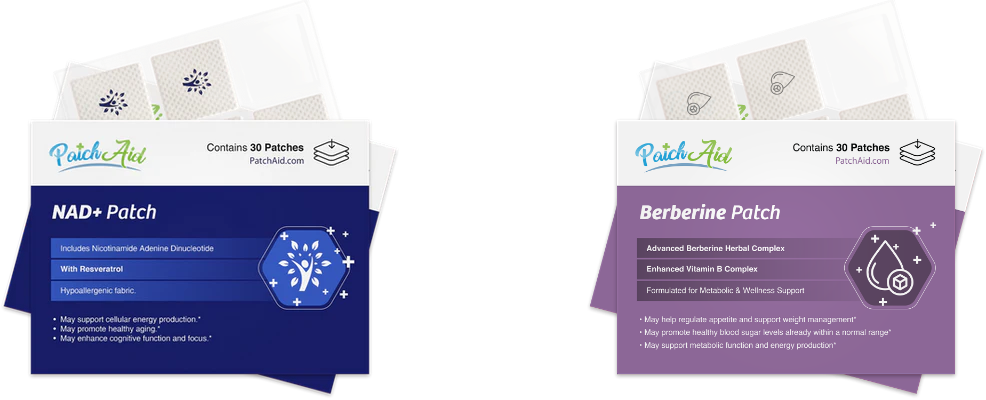 Two product packages for PatchAid, featuring NAD+ and Berberine patches, each highlighting their benefits and ingredients, with a clean design and clear labeling, set against a white background.