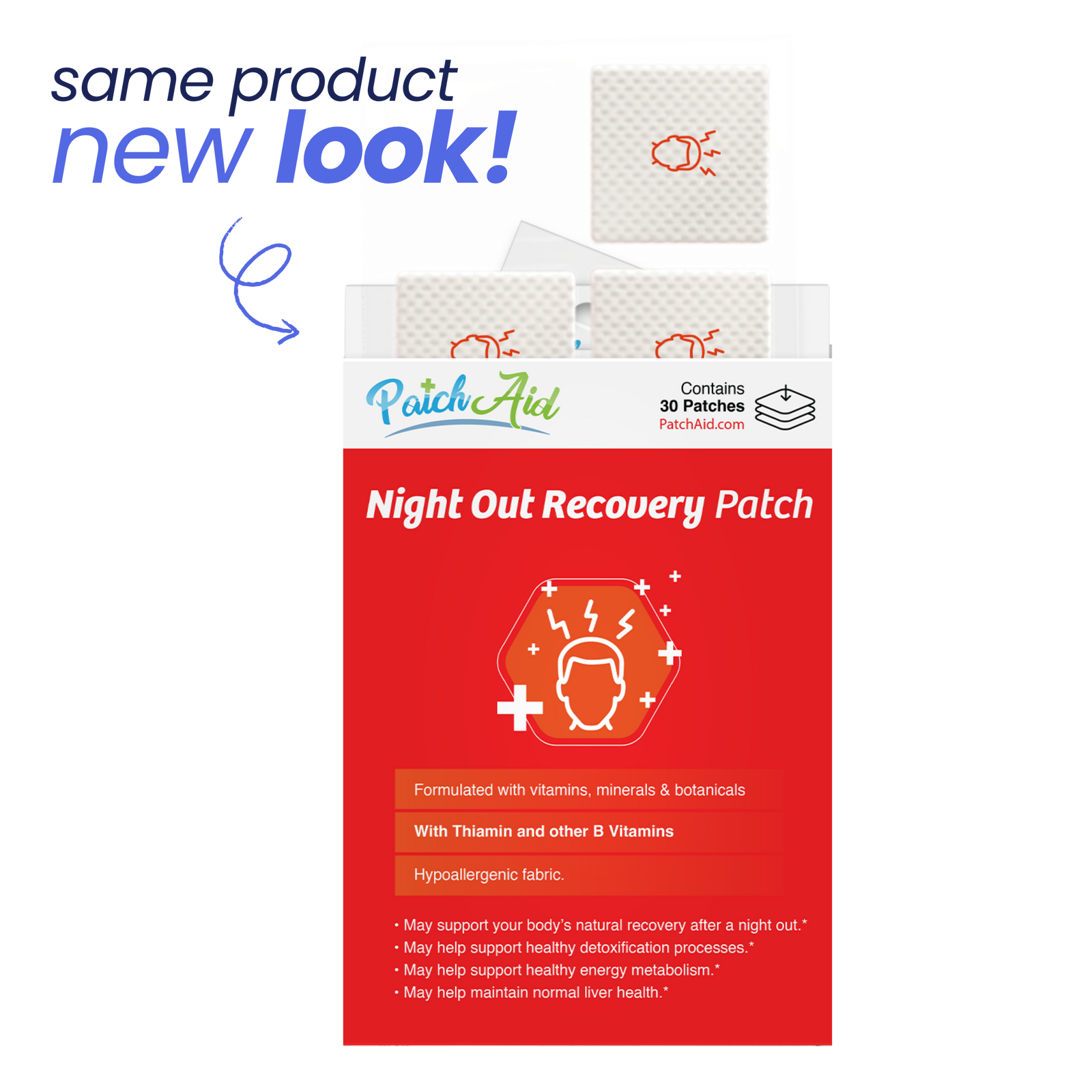 A box of PatchAid's Night Out Recovery Patches, featuring a new design, displays a red background with text highlighting benefits and ingredients, and includes a graphic of a person with a headache.