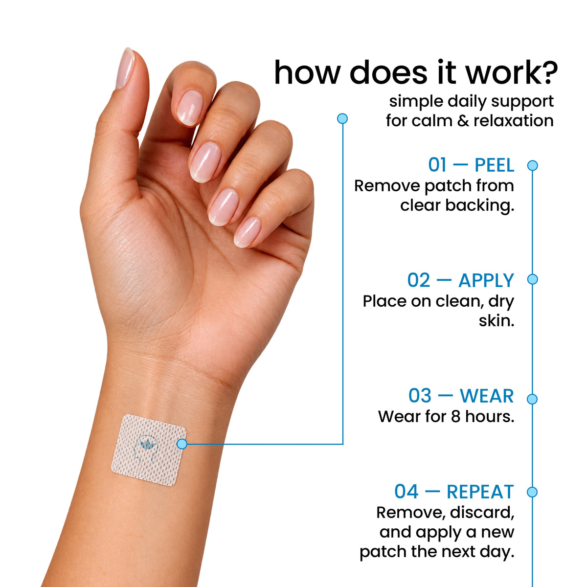 PatchAid Relax & Unwind Patch with GABA to support mood, muscle relaxation and emotional health. How to apply the patch.