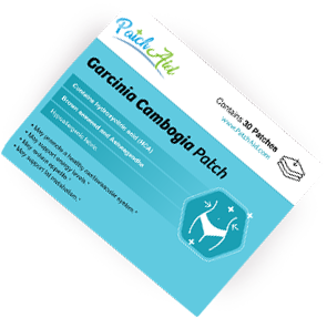 PatchAid Garcinia Cambogia Patch packaging detailing product benefits and contents.