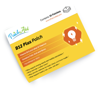 PatchAid B12 Plus Patch product packaging with a yellow and white design, displaying a lightbulb icon and key benefits like energy support and metabolism.